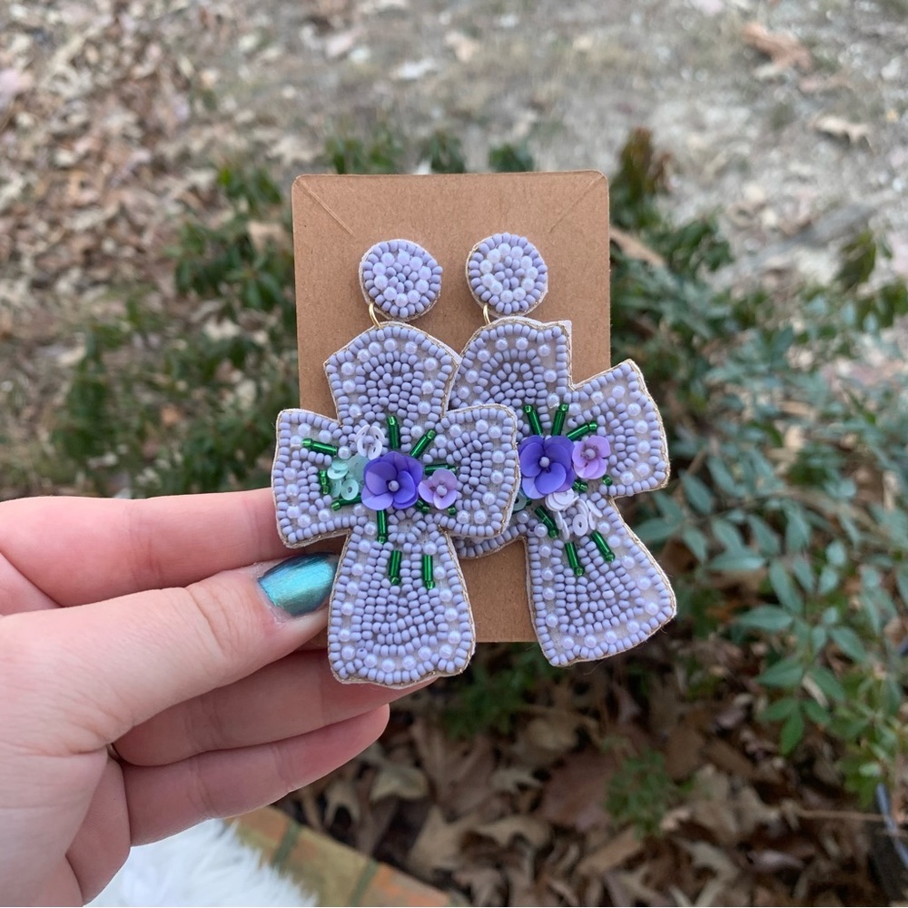 Purple Beaded Seed Bead Cross Earrings